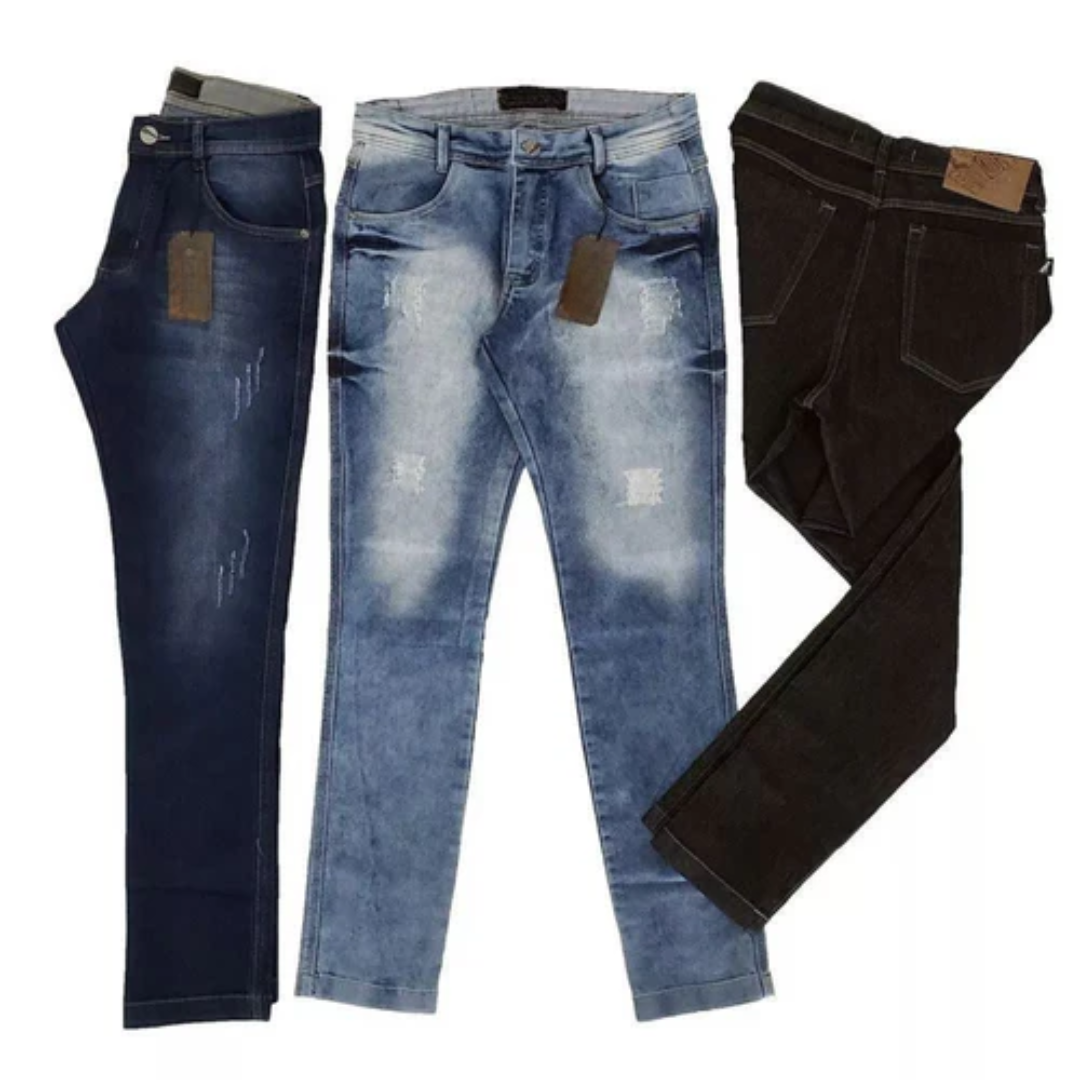 Kit com 3 Calças Jeans Masculinas Slim Fit com Lycra
